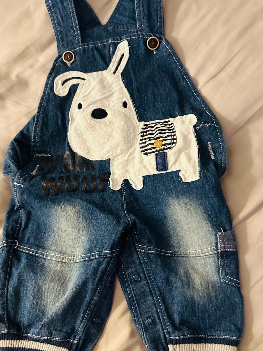 Denim Blue Puppy Appliqué Overalls for Kids
